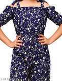 Trendy printed flower navy crepe jumpsuit, multiple sizes 8-13 years, Indian cotton blend fashion