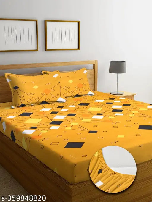 HAASYA Premium Cotton Elastic Fitted Bedsheets with 2 Pillow Covers | Double Bed with All Around Elastic 210 TC Super soft | for 78x72+10 Mattres, ColorYellow