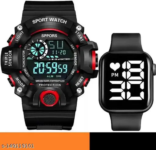 Multi-function digital watch for kids, black and red with red button and white face, featuring multiple screens and functions