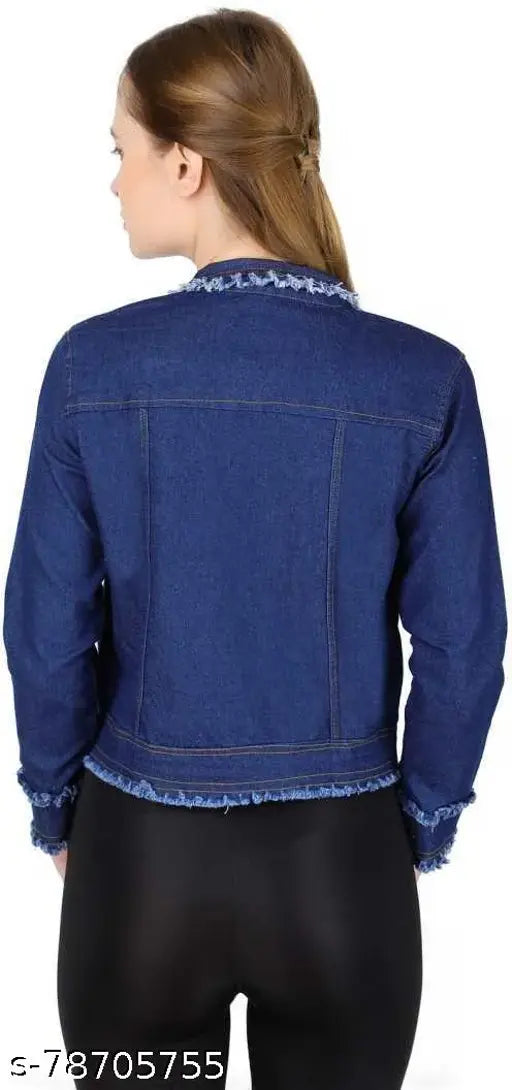 Dark denim 3-patti women's jacket, solid pattern, long sleeves. Exclusive Indian design enhances wardrobe versatility