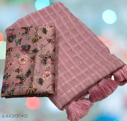 Rinkle Pink chiffon saree with Banarasi silk blouse, solid net pattern, new trending Indian fashion, free size (length: 5.5m, blouse: 1m)