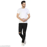 Black polycotton knee-cut slim fit jeans for men & boys. High-quality pre-shrunk denim lycra, 4 pockets, easy-to-wear, and wash