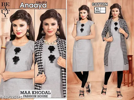 Gray cotton kurti with floral print, long sleeves, and straight hem