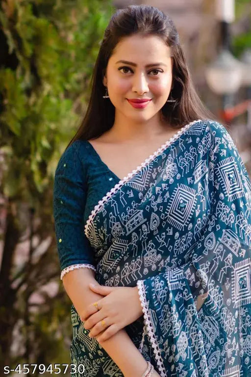 Warli print Georgette saree with lace border, free size, Indian handloom on hanger
