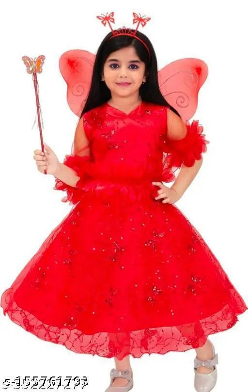 Red bamboo straight frock with printed pattern and sleeveless design, comes with matching dupatta for kids aged 2-11 years. Indian ethnic wear fashion for children