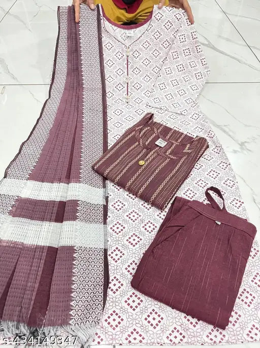 New modern white cotton kurta set with black a-line pants, floral print, dupatta - perfect daily wear outfit