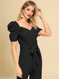 Women's & Girls Maxi Jumpsuit in solid net, short sleeves, available in S, M, L, XL sizes (Bust 34-40in, Waist 28-34in, Length 48in), comfortable polyester fabric, versatile design for casual or party wear, made in India