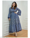 Blue rayon Anarkali kurti with long sleeves and printed combo pattern, perfect for Indian festivals or special occasions