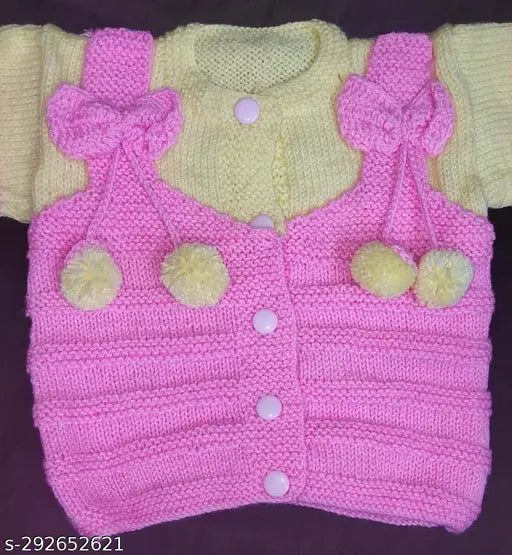 Hand knitted wool dress set (sweater, cap, booties) for 6-12 month infants - soft, self-designed wool outfit from India
