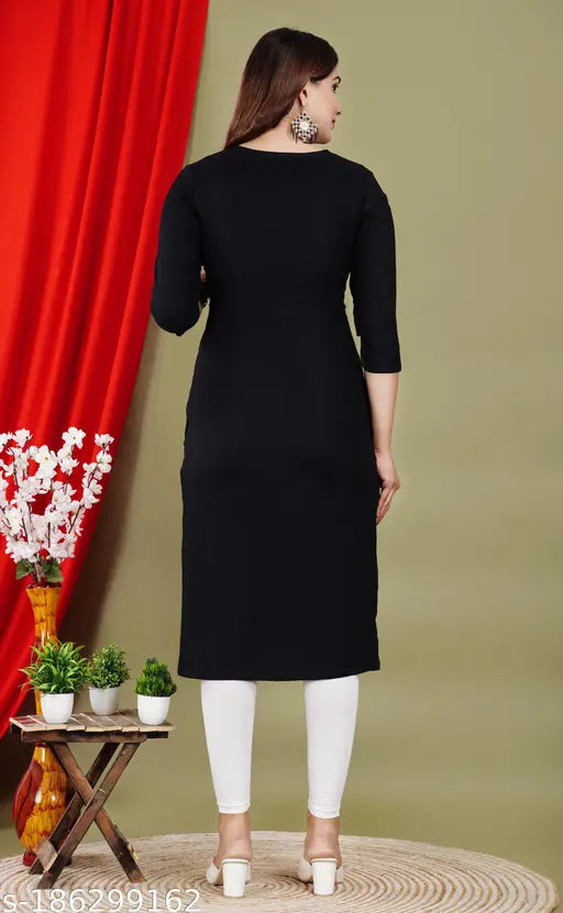 Rayon straight-kurti with long sleeves, printed combo design. S (36 in bust), M (38 in bust), L (40 in bust), XL (42 in bust), XXL (44 in bust) - trendy and comfortable Indian fashion