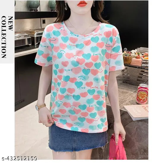 Stylish printed oversized polyester t-shirt for women, short sleeves, Jannie Hustler design, S to XL sizes available