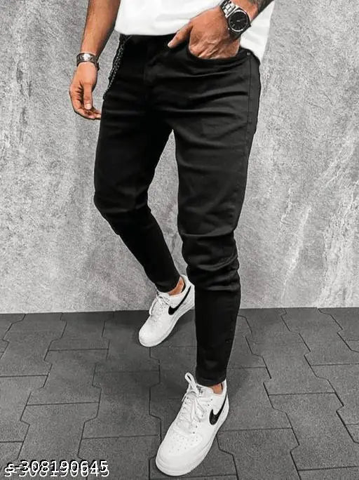 Black stretchable denim jeans for men - slim fit, durable, and affordable. Sizes include 28, 30, and 32 inches. Made in India