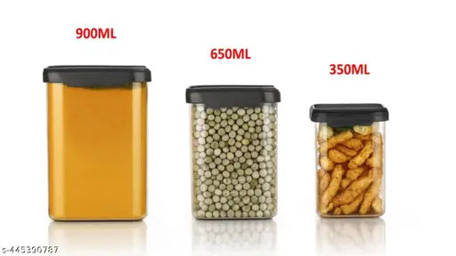 Airtight food storage containers in black, set of three with spoon, sizes: 350ml, 650ml, 900ml