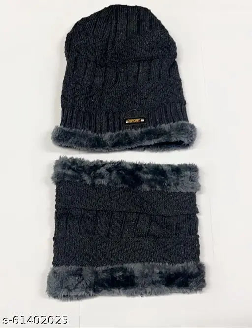 Wool fur patterned cap and neck muffler, stylish cold weather accessory pair in size L (China origin)
