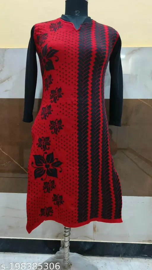 Black wool kimono dress long sleeve red print on black background