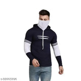 Navy blue cotton blend long sleeve solid color trendy mens pullover hoodie with built-in mask