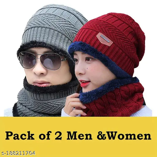 A pair of blue and red knit winter beanies