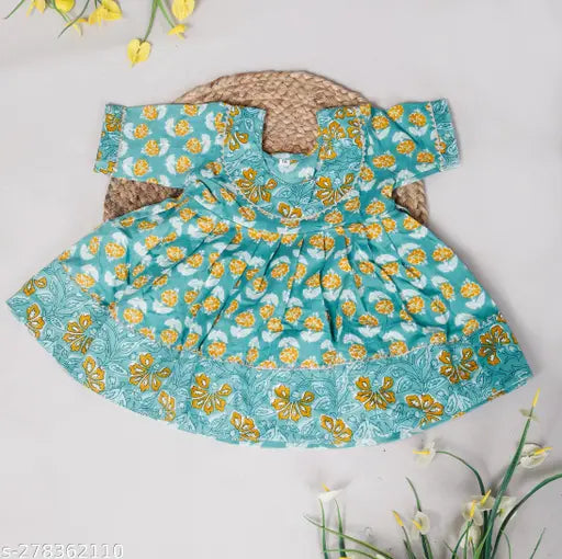 Green floral printed pure cotton kurti frock for baby girls, short sleeves and 12-18 months size