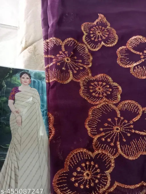 Purple, floral embroidery traditional saree