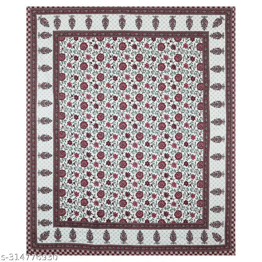 100 Cotton Jaipuri Block Printed Bedsheet - White with Red Floral Pattern