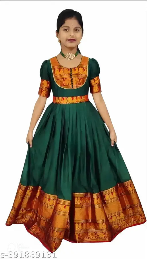 Silk traditional Indian ethnic gown with short sleeves, suitable for kids events. Elegant kid's gown (with belt) in solid pattern, inspired by Indian motifs