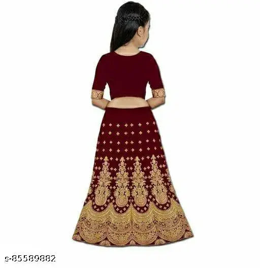Embroidered satin lehenga choli with net dupatta for girls ages 2-16, Indian traditional clothing on display