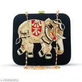 Black elephant design clutch, gold chain embellishment, festive party accessory