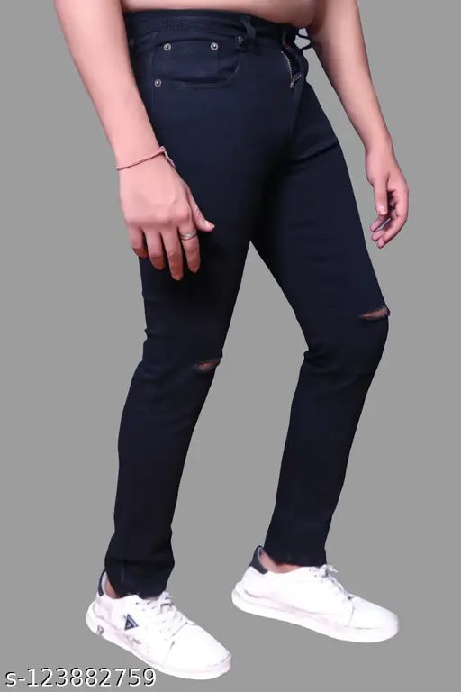 Denim, black distressed men's slim fit knee-cut jeans, machine washable, mid rise, full length, with pocket, size options: 28, 30, 32, 34 (India origin)