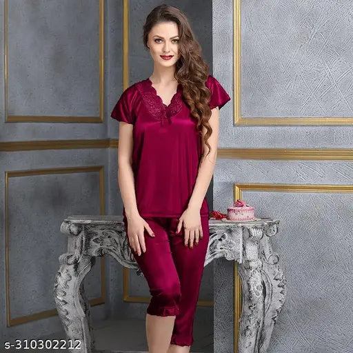 Wine satin top & capri set sleepwear for women, soft and silky for comfortable chic nightwear