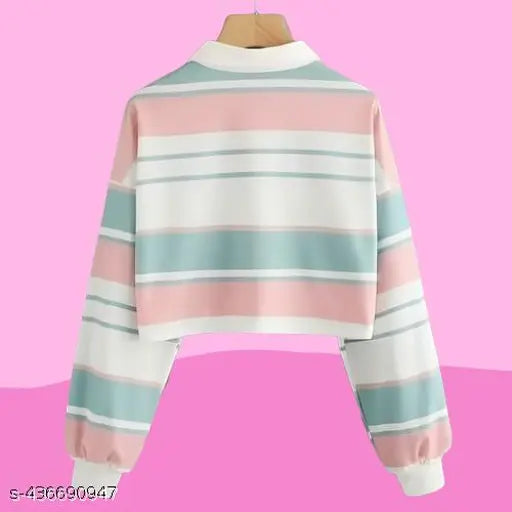 Korean multicolor striped Lycra long-sleeve polo shirt in pastel pink, blue, and white, button-front with cuffed sleeves