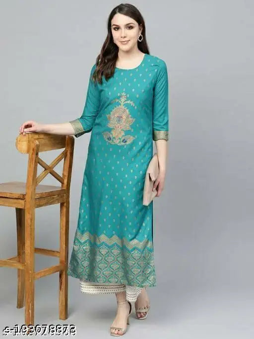 Gold-printed rayon kurti and palazzo set for women, Indian traditional clothing with three-quarter sleeves and matching bottomwear