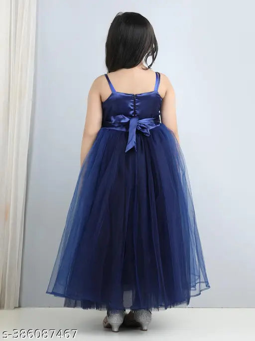 navy blue embroidered party dress for girls, full-length net fabric, 7-8 years size, India origin