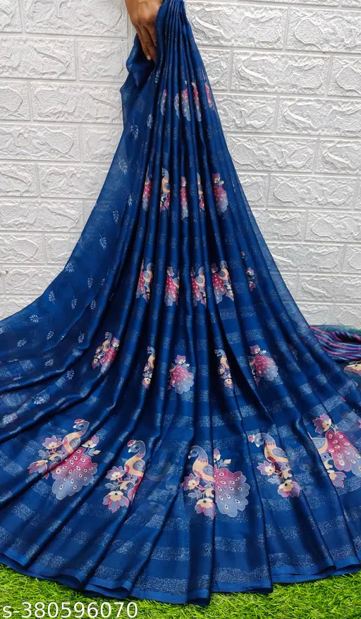 Moss Pedding Discharge Pattern Kalamkari Print Chiffon Saree, soft and smooth with contrast border, Indian-made summer collection