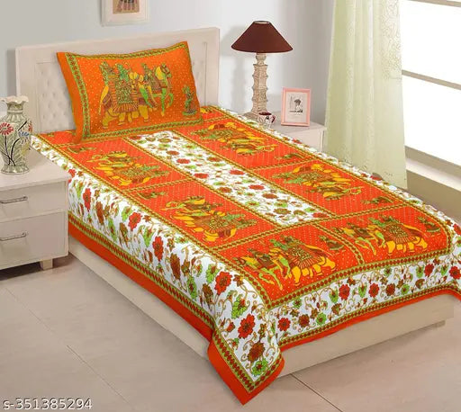 GangorOrange Jaipuri Cotton Single Bed Sheet with Elephant Print & Pillow