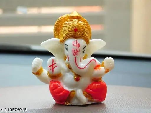 Marble small Ganesha idol with golden mukut and multi-colored attire, suitable as a car dashboard decoration
