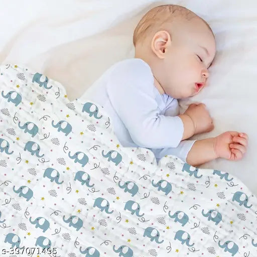 Aerocotton Home Baby Muslin Swaddle 100x100cm-pack 1-elephant, cotton AC blanket with cartoon net pattern for AC room use, perfect for layered swaddling and baby care in India