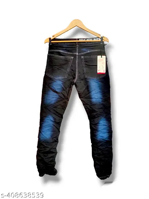 Dark blue distressed denim men's jeans
