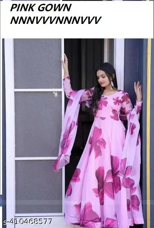 Trendy printed georgette gown, long sleeves, party wear, women's fashion, Ganesh Fashion