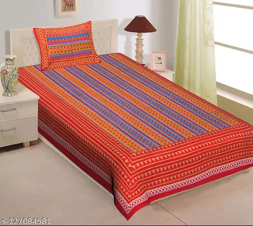 UniqChoice red striped cotton Jaipuri single bedsheet with pillow cover - summer-ready adult bedroom essential