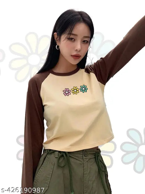 Cotton long-sleeved women's crop raglan tshirt with printed pattern, available in multiple sizes including XS, S, M, L, XL, XXL. Refer to size chart before ordering