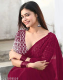 Vivid maroon women's saree with sequin embroidery and georgette fabric, dyed border