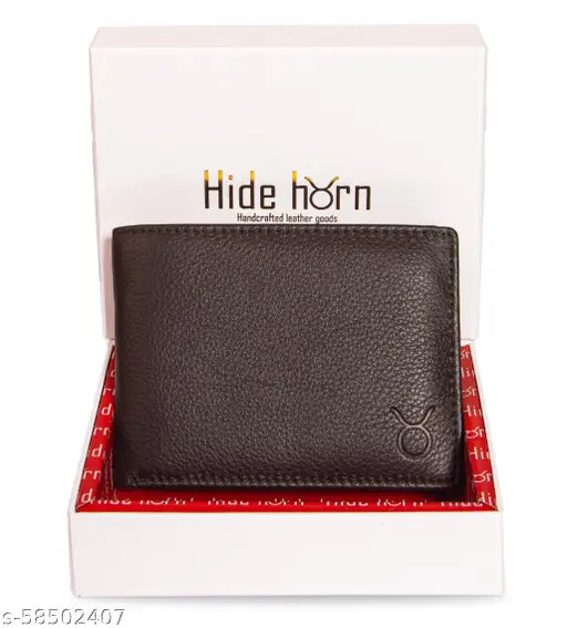Large brown leather bi-fold men's wallet, Hide Horn RFID protected, solid pattern, 6 card slots, 4 hidden slots, ID window, 2 cash compartments, coin pocket