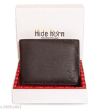 Large brown leather bi-fold men's wallet, Hide Horn RFID protected, solid pattern, 6 card slots, 4 hidden slots, ID window, 2 cash compartments, coin pocket