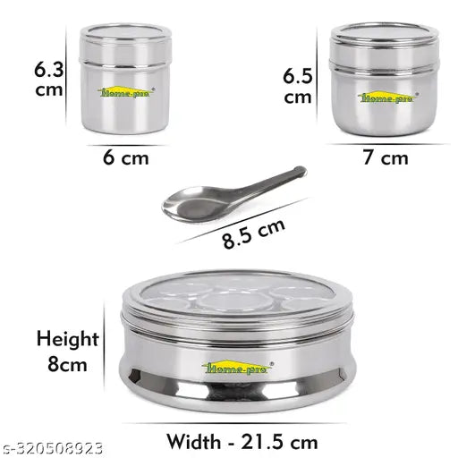 Stainless steel Homepro see-through Belly Masala Dabba kitchen spices container, 8 small containers, air tight, 225 cm diameter, multipurpose use