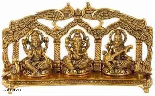 Golden Avishi Laxmi Saraswati 5 diya statue idol, decorative metal showpiece