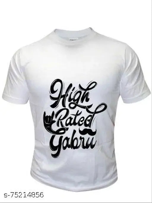 High-rated white gabru printed polyester t-shirt (S/M/L/XL), half-sleeve design for men, skin-friendly fabric