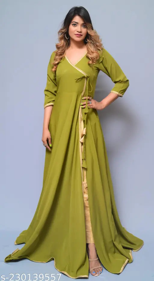 Diyaz women's solid polyester angrakha kurti with front slit, three-quarter sleeves. Angrakha style, open slit, and latkans for enhanced look. Perfect for golden bottom wear and chandbali. Confirm size using enclosed size chart. Minor color variation may occur due to screen lighting. Made in India