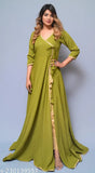 Diyaz women's solid polyester angrakha kurti with front slit, three-quarter sleeves. Angrakha style, open slit, and latkans for enhanced look. Perfect for golden bottom wear and chandbali. Confirm size using enclosed size chart. Minor color variation may occur due to screen lighting. Made in India