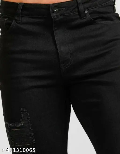 Black men's denim pants with zip fly and distressed detailing