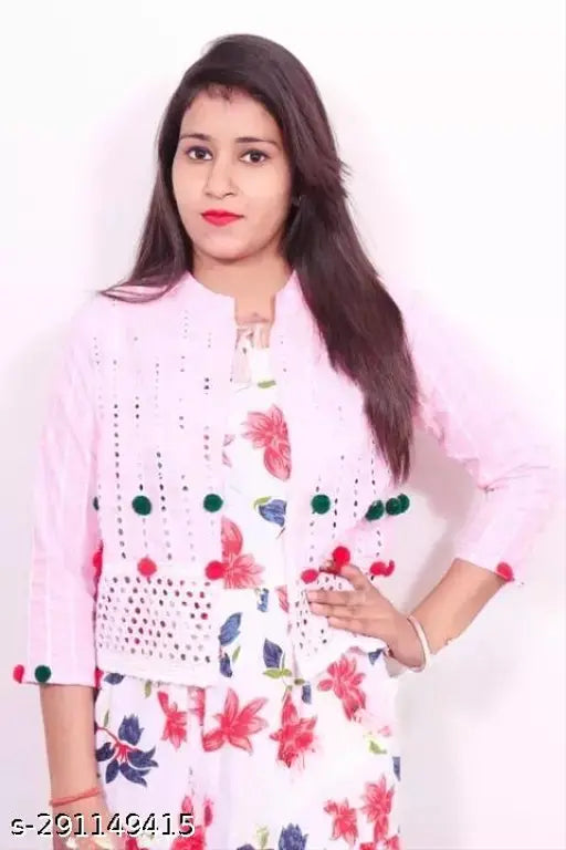 Rayon Kashvi pink kurti with jacket, sleeveless printed combo. Close-up on size S bust: 38 in. Indian traditional women's fashion wear